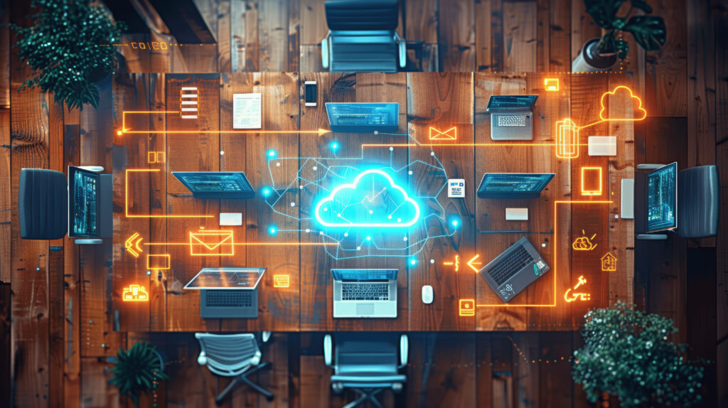 Image d'une table regroupant plusieurs appareils électroniques reliés par le Cloud. 