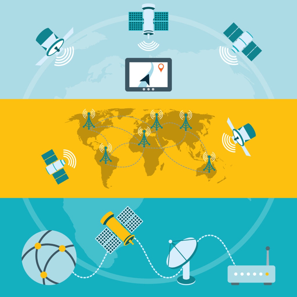 schéma du fonctionnement de la connectivité réseaux à haut débit via les satellites. 